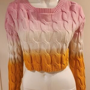 Sincerely Jules Pink Orange Dip Dye Crop Cable Knit Sweater